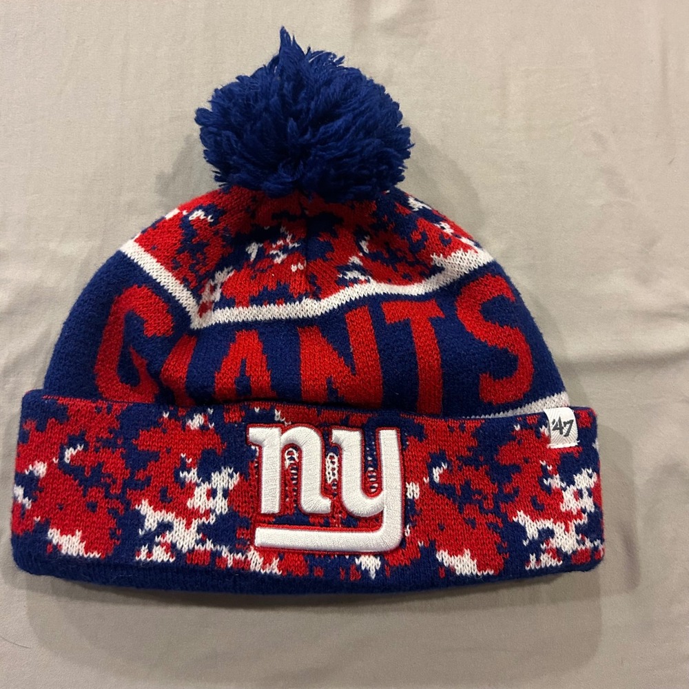 47 Brand New York Giants NFL Knit Beanie Hat Camo Blue Red Pom Pom One Size